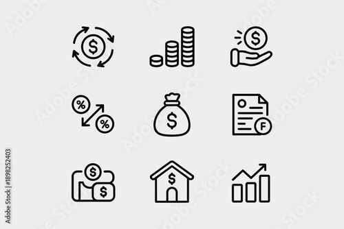 Finance and investment icons showing growth, savings, money bag