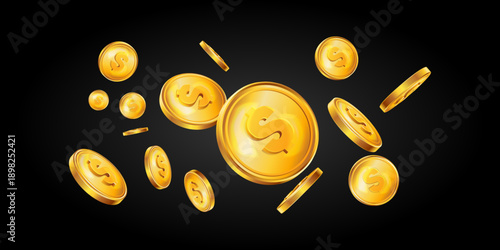 Golden coins flying with dollar money concept illustrating wealth success profit investment finance rewards and dynamic financial growth visualization designs