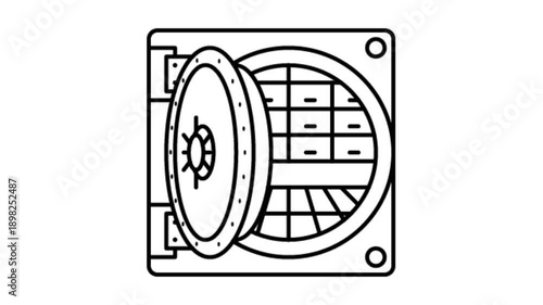 Animated bank vault door that opens and closes. Secure storage of bank deposits. Looped black white video isolated on white background