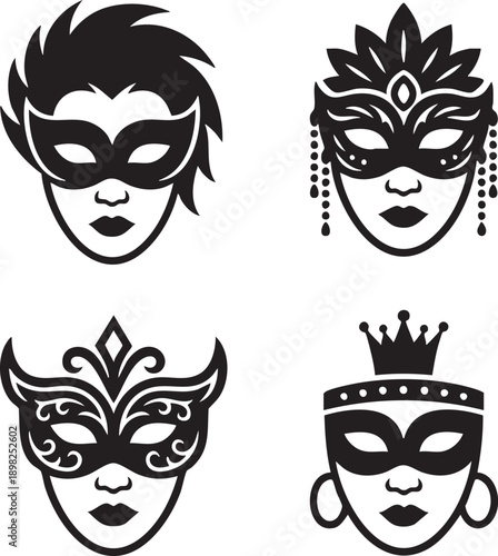 Masquerade Mask Faces Set – Elegant Carnival and Mardi Gras Illustrations