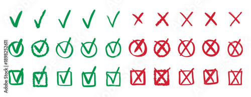 Check marks doodle set vote yes no cross hand drawn icon
