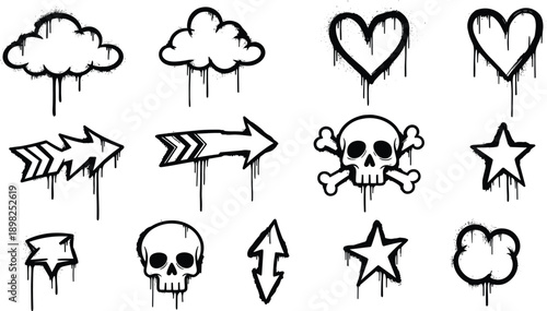 Black and White Graffiti Icons of Clouds Hearts Skulls and Arrows crossbones