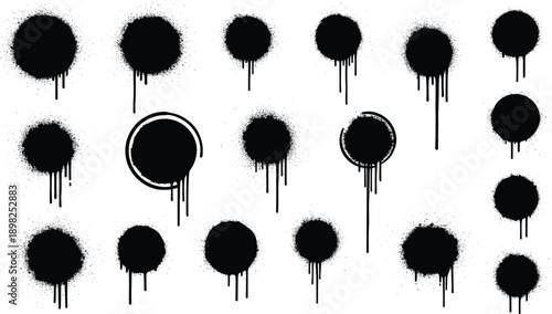 Black Spray Paint Splatter Circles with Dripping Effect on White Background drop