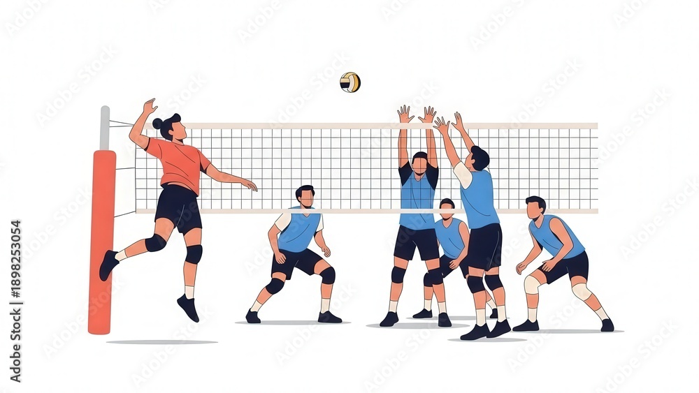 Obraz premium Dynamic Volleyball Action with Team Jump and Spiking in Indoor Court