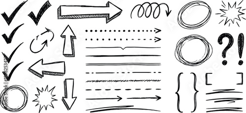 Hand Drawn Doodle Icons Checkmarks Arrows Circles Stars Question Marks Brackets Speech Bubbles check mark