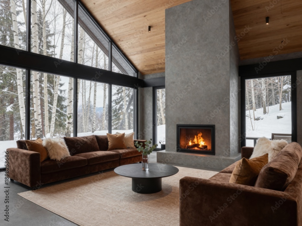 Fototapeta premium Modern Living Room with Fireplace and Winter Forest View, Cozy Interior Design with Natural Light