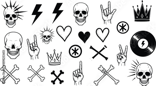 Rock and Roll Icons Skull Lightning Bolt Crown Heart and Hand Gestures vector illustration