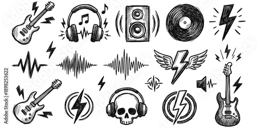Rock Music and Sound Elements Hand Drawn Collection Keywords: rock music, sound, elements, hand drawn, sketch, guitar, electric