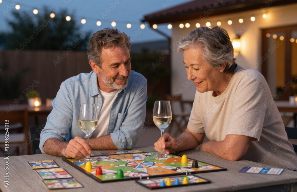 Fototapeta premium Senior Couple Enjoying Board Game and Wine on Patio Under String Lights at Dusk