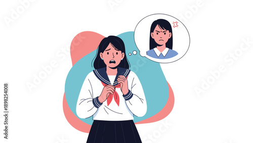 Worried schoolgirl in a sailor uniform thinking about an angry female classmate or teacher depicted inside a thought bubble.
