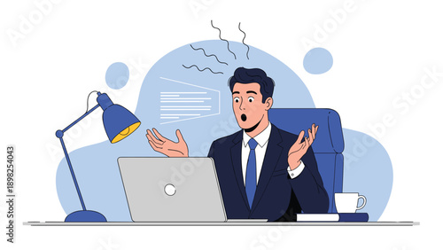 Surprised businessman sitting at his desk looking shocked and overwhelmed by something he sees on his laptop computer screen.