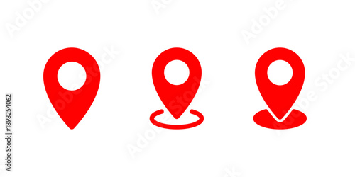 Red location pin icon set. Map marker and navigation symbol