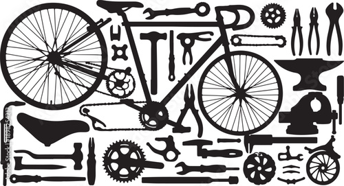 Line art icons depicting essential travel and navigation tools: a compass, a map with a route, and a bicycle.