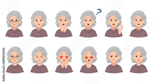 Large set of various facial expressions and emotions of an elderly woman with grey hair showing happiness, sadness, and love.