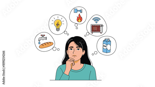 Thoughtful young woman with her hand on her chin thinking about basic household needs like water, food, power, and internet.