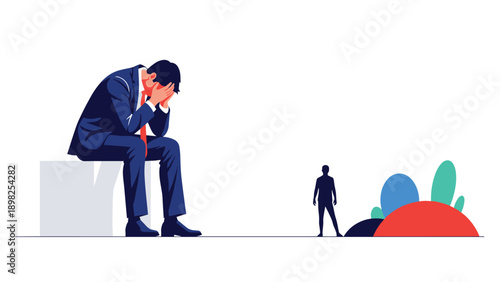 Depressed businessman sitting on a block with his head in his hands next to a tiny human silhouette and abstract shapes.