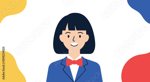 Cheerful schoolgirl with short black hair wearing blue blazer and red bow tie smiling against colorful abstract background.