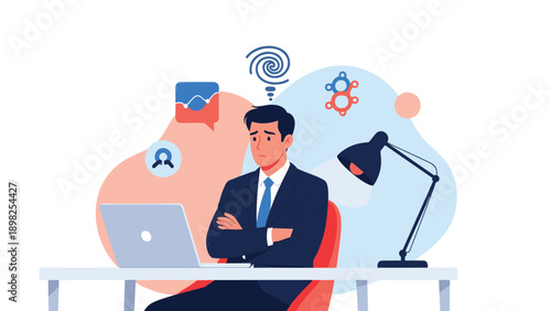 Stressed businessman in suit sitting at office desk with laptop looking worried with spiral symbol representing confusion.