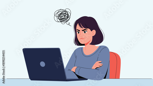 Angry woman sitting at laptop with crossed arms showing frustrated expression and scribble bubble representing annoyance.
