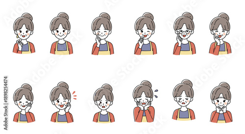 Set of twelve diverse facial expressions and gestures of senior woman in red apron showing various emotions and moods.