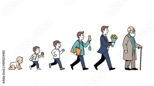 Various stages of human growth and development showing male character from crawling baby to elderly man with walking stick.