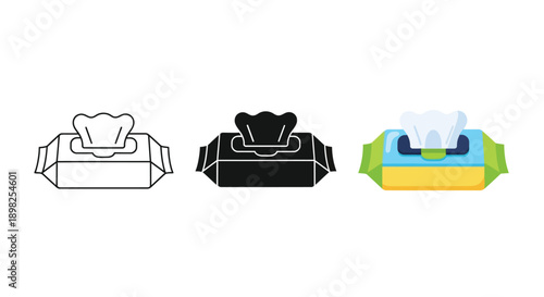 Collection of wet wipe package icons showing line art silhouette and full color vector illustration styles for hygiene needs