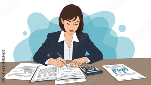 Professional businesswoman in dark suit working on financial accounting at desk with documents and calculator.