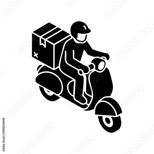 delivery icon showing courier riding a scooter with parcel box slight 3D