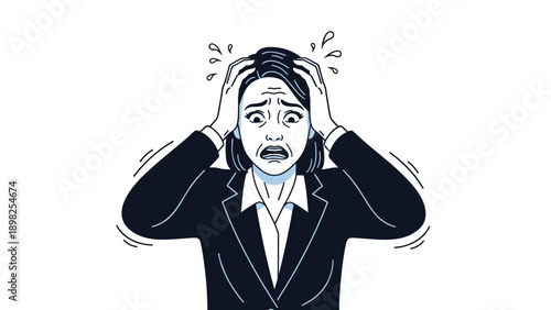 Stressed businesswoman in dark suit holding her head with both hands showing intense anxiety and panic on white background.