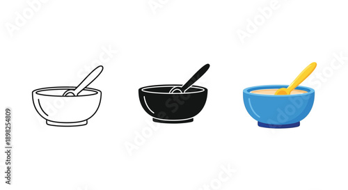 A collection of three food bowl icons featuring line art solid fill and color versions ready for breakfast or baby food design projects