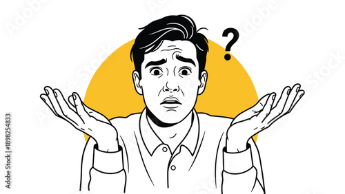 Confused man in a collared shirt shrugging his shoulders with an uncertain expression and a question mark symbol by his head.