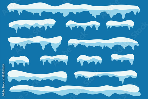 Set of realistic winter snow caps vector elements. Snow caps, snowy ice and frozen icicles, vector cartoon icons, abstract snow frost caps and icicles of house roof shape for Christmas and New Year