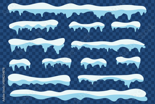 Set of realistic winter snow caps vector elements. Snow caps, snowy ice and frozen icicles, vector cartoon icons, abstract snow frost caps and icicles of house roof shape for Christmas and New Year