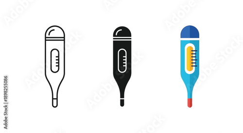 Collection of three distinct digital thermometer icons showing variations in outline solid and flat color styles for medical use
