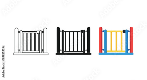 Collection of baby safety gate icons presented in outline solid and colorful flat design styles for versatile illustration use
