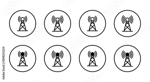 Wireless network tower icon set in circular outline. Radio antenna symbol with wave signal. Broadcast sign
