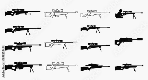 A collection of various sniper rifle designs and silhouettes, showcasing different models and configurations.