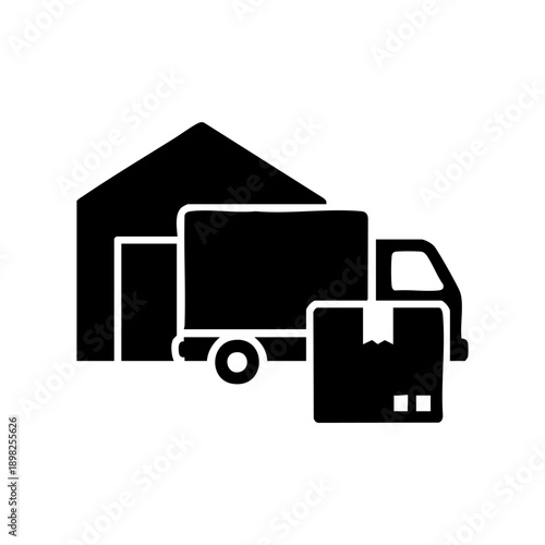 Professional logistics delivery icon showing warehouse, truck, and package combined