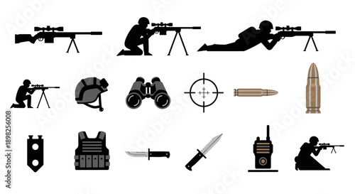 A collection of military and tactical equipment icons including sniper rifles, binoculars, body armor, and knives.