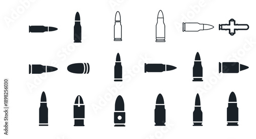 A collection of various bullet and cartridge icons in black and white, showcasing different ammunition types and designs.