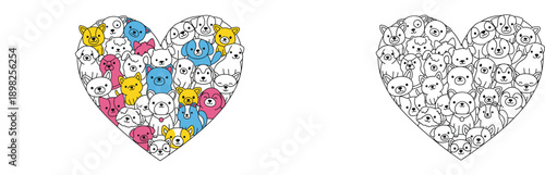 Cute cartoon dogs heart shape vector illustration. Colorful and outline puppy pattern for coloring book, love concept and pet design.