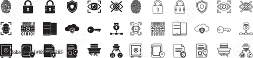 Mega Set of Cybersecurity and Data Protection Vector Icons. Modern Glyph and Line Style Symbols. isolated PNG with Transparent Background