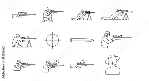 Line art icons depicting a sniper, rifle, bullet, and target in various shooting positions.