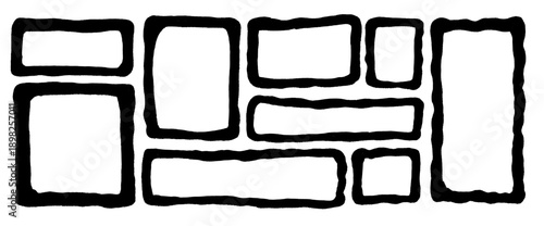 Wavy abstract geometrical frames. Organic rectangles quote text boxes with irregular edges. Curvy square callouts, rough labels. Doodle cadre elements, geometric vector promo shapes isolated no bg.