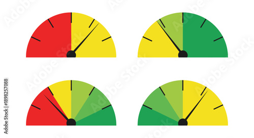 Collection of four colorful speedometers illustrating various performance and risk levels