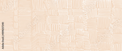 Beige rustic small dash pattern. Crosshatch hand drawn texture. Pencil strokes form geometric textile design. Crayon linear vintage paper overlay with rough grunge aesthetic. Vector beige tribal bg.