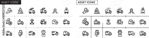 Modern Line Style Vehicle and Transport Icons Set. Car, Truck, and Delivery Outline Vector Collection. isolated PNG with Transparent Background