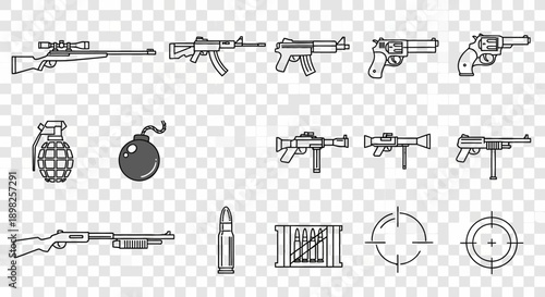 Line art icons of various weapons and military equipment including firearms, explosives, and targets on a transparent background.