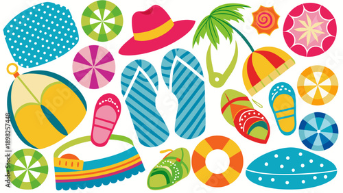 Colorful summer beach accessories and fruits on a white background. Vector
