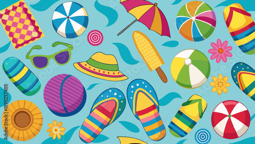Colorful assortment of beach and summer-themed floating objects on a vibrant background Vector